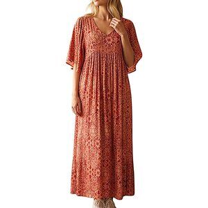 Go Softly Like New Patio Caftan House Dress Pockets Geometric Print Oversized -S
